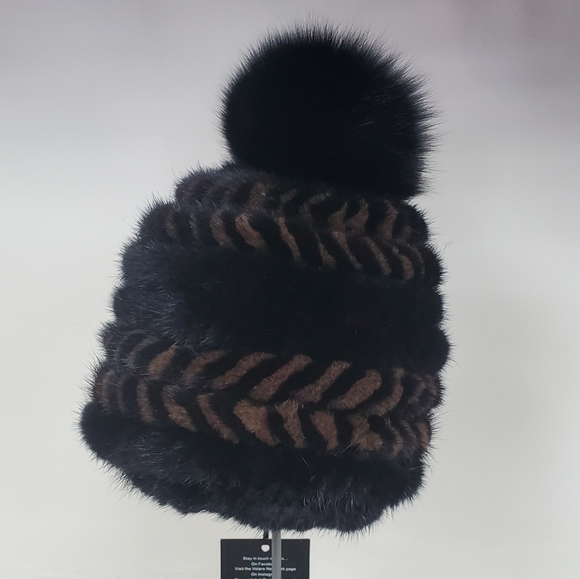 SALE Knitted Mink Fur Stretch Beanie with Fox Fur Pom - Picture 1 of 3